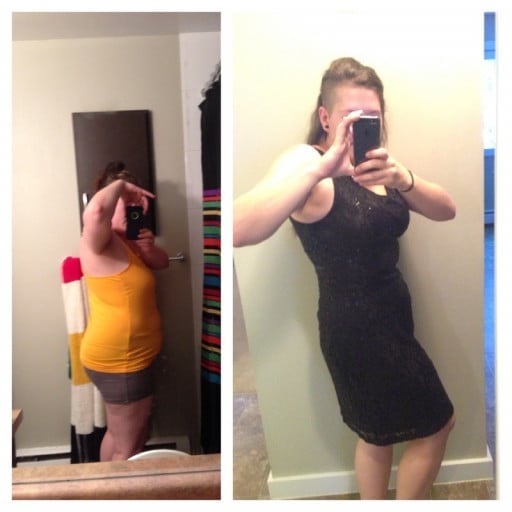 A before and after photo of a 5'3" female showing a weight reduction from 210 pounds to 164 pounds. A net loss of 46 pounds.