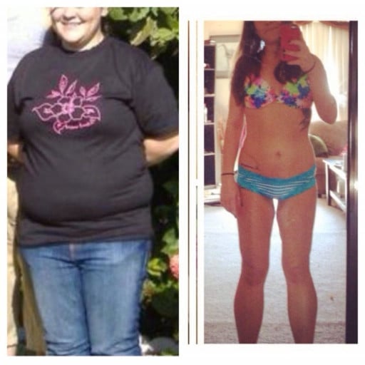 A photo of a 5'1" woman showing a weight cut from 200 pounds to 114 pounds. A respectable loss of 86 pounds.