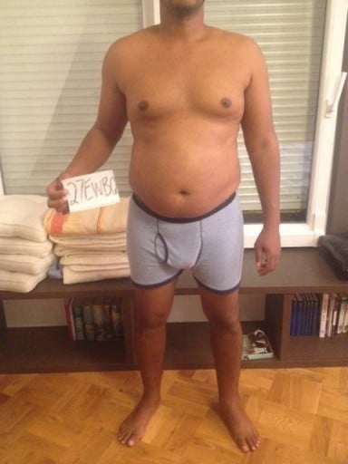 A before and after photo of a 5'8" male showing a snapshot of 205 pounds at a height of 5'8