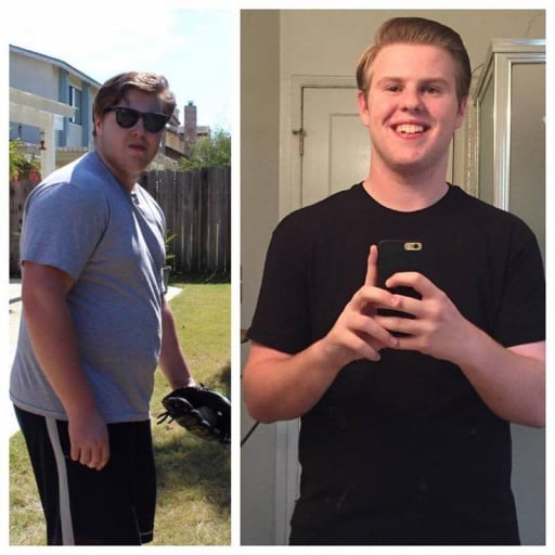 A before and after photo of a 6'0" male showing a weight reduction from 283 pounds to 215 pounds. A respectable loss of 68 pounds.