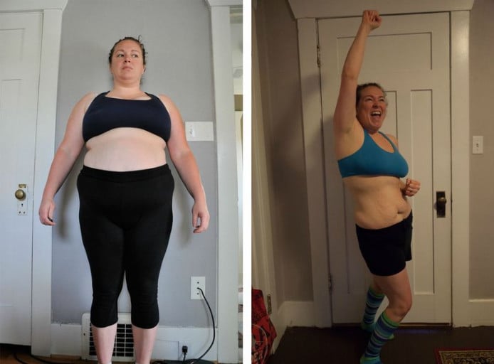 A before and after photo of a 5'5" female showing a weight loss from 239 pounds to 164 pounds. A total loss of 75 pounds.
