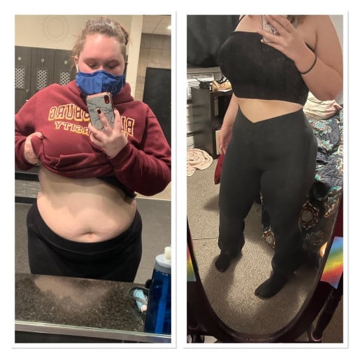 A progress pic of a 5'3" woman showing a fat loss from 320 pounds to 165 pounds. A net loss of 155 pounds.