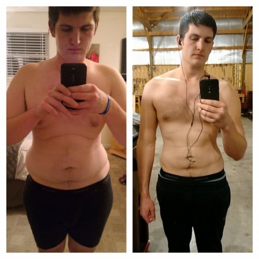 A before and after photo of a 5'10" male showing a weight reduction from 235 pounds to 180 pounds. A total loss of 55 pounds.