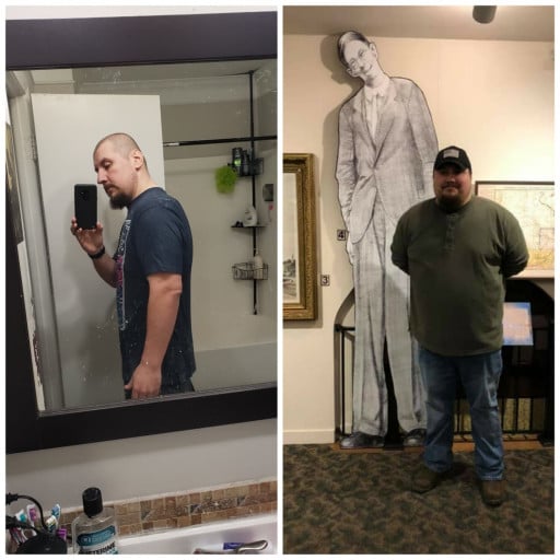 A photo of a 6'1" man showing a weight cut from 376 pounds to 222 pounds. A net loss of 154 pounds.