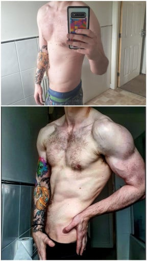 A before and after photo of a 6'0" male showing a weight reduction from 184 pounds to 152 pounds. A respectable loss of 32 pounds.