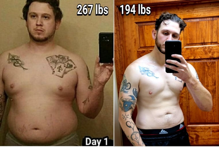 A progress pic of a 6'1" man showing a fat loss from 267 pounds to 194 pounds. A net loss of 73 pounds.