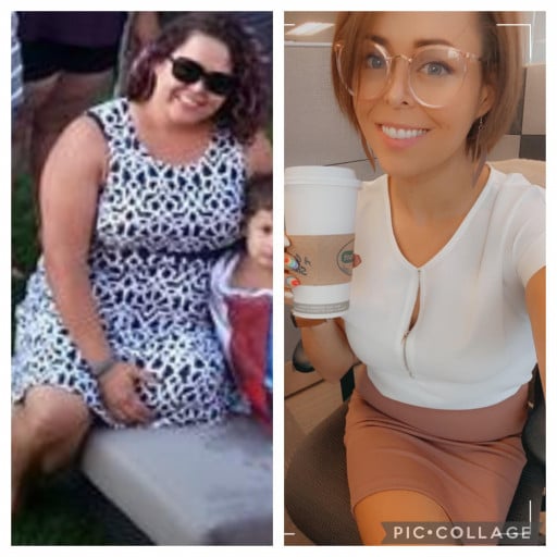 A before and after photo of a 5'6" female showing a weight reduction from 225 pounds to 138 pounds. A respectable loss of 87 pounds.