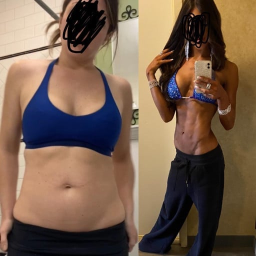 A before and after photo of a 5'6" female showing a weight reduction from 175 pounds to 135 pounds. A net loss of 40 pounds.