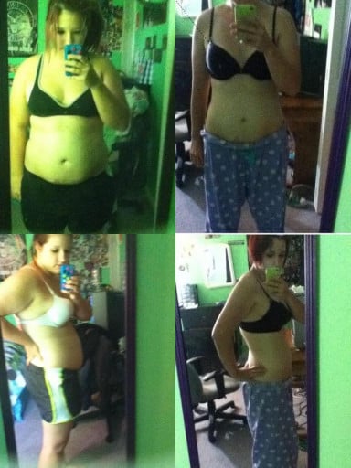 A picture of a 5'5" female showing a fat loss from 205 pounds to 153 pounds. A net loss of 52 pounds.