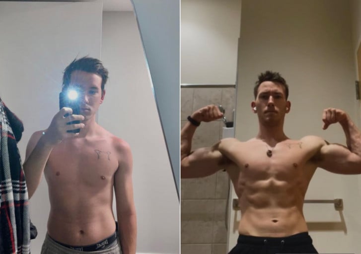 A progress pic of a 5'8" man showing a muscle gain from 120 pounds to 145 pounds. A net gain of 25 pounds.