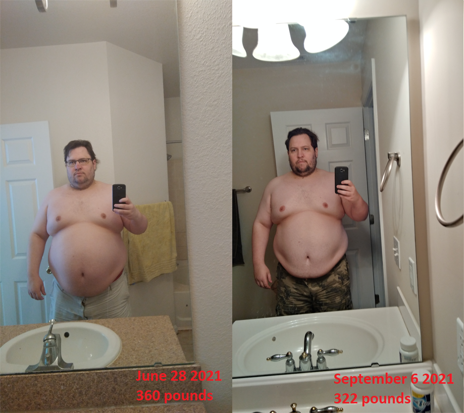 5 feet 10 Male 38 lbs Fat Loss Before and After 360 lbs to 322 lbs