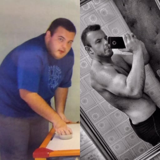 A progress pic of a 6'4" man showing a fat loss from 410 pounds to 242 pounds. A respectable loss of 168 pounds.