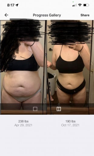 Progress Pics of 48 lbs Weight Loss 5 foot 9 Female 238 lbs to 190 lbs