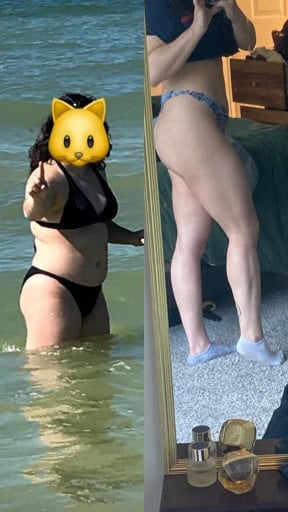 A picture of a 5'0" female showing a weight loss from 200 pounds to 150 pounds. A net loss of 50 pounds.