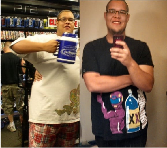 A photo of a 6'3" man showing a weight cut from 310 pounds to 280 pounds. A total loss of 30 pounds.