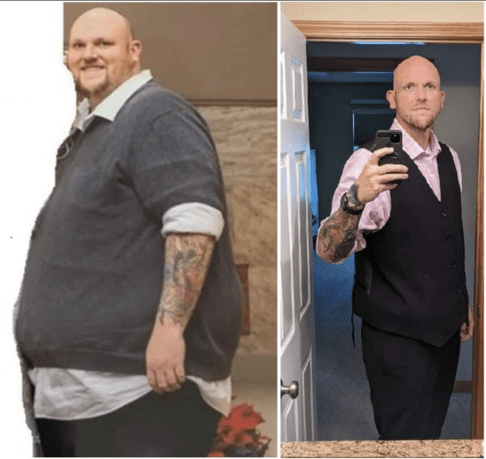 A before and after photo of a 6'8" male showing a weight reduction from 509 pounds to 279 pounds. A respectable loss of 230 pounds.