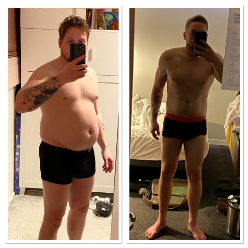 A progress pic of a 5'9" man showing a fat loss from 198 pounds to 169 pounds. A net loss of 29 pounds.