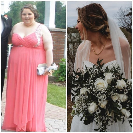 A before and after photo of a 5'6" female showing a weight reduction from 350 pounds to 140 pounds. A total loss of 210 pounds.