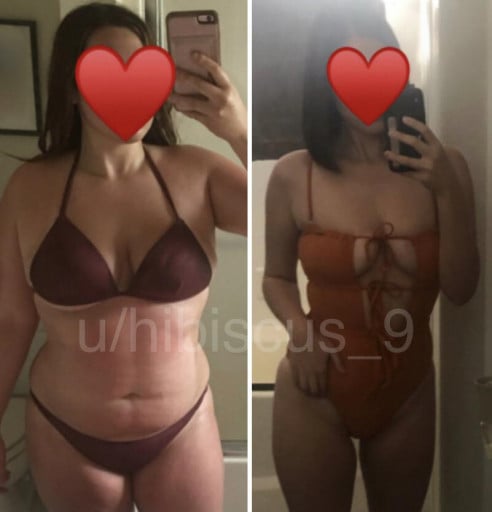 A before and after photo of a 5'7" female showing a weight reduction from 217 pounds to 142 pounds. A respectable loss of 75 pounds.