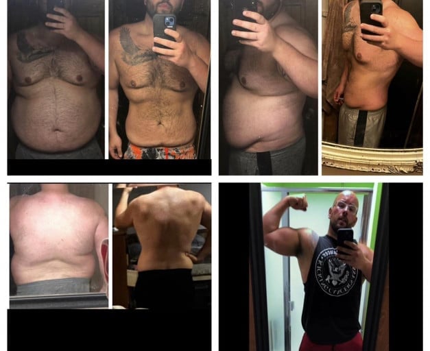 A progress pic of a 6'2" man showing a fat loss from 385 pounds to 272 pounds. A respectable loss of 113 pounds.