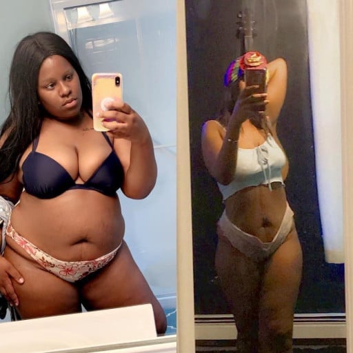 A before and after photo of a 5'7" female showing a weight reduction from 285 pounds to 185 pounds. A total loss of 100 pounds.