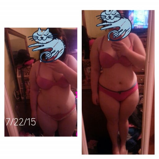 A progress pic of a 5'4" woman showing a fat loss from 222 pounds to 190 pounds. A total loss of 32 pounds.
