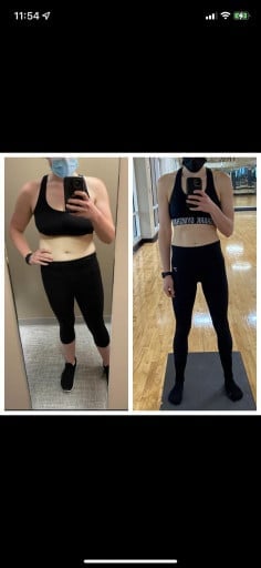 A before and after photo of a 5'8" female showing a weight reduction from 165 pounds to 126 pounds. A net loss of 39 pounds.