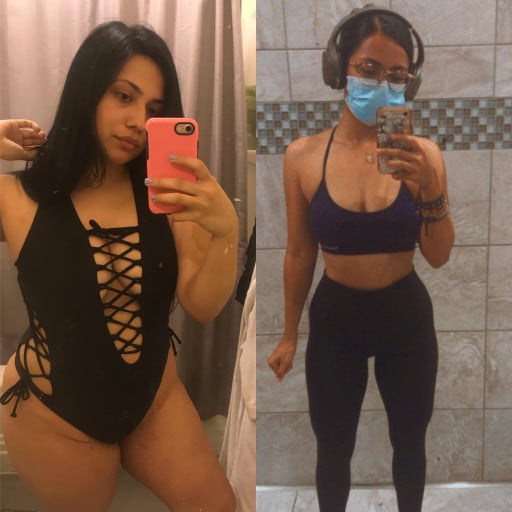 A progress pic of a 5'1" woman showing a fat loss from 165 pounds to 125 pounds. A net loss of 40 pounds.