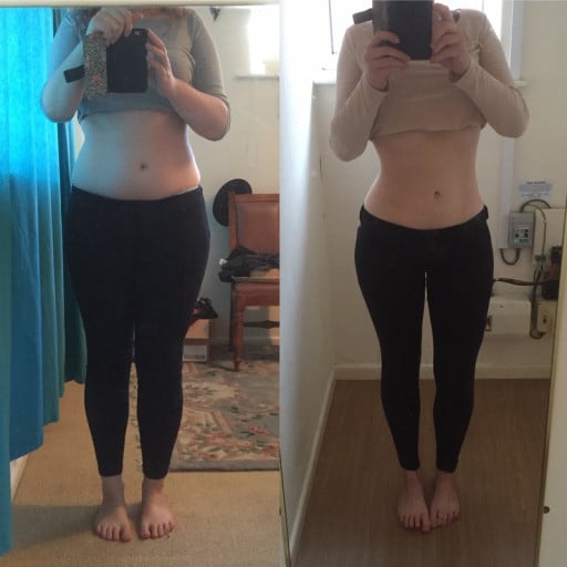 A progress pic of a 5'7" woman showing a fat loss from 175 pounds to 147 pounds. A total loss of 28 pounds.
