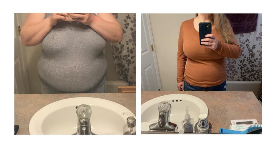 A progress pic of a 5'6" woman showing a fat loss from 289 pounds to 186 pounds. A respectable loss of 103 pounds.