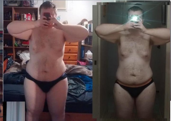 A picture of a 5'9" male showing a fat loss from 307 pounds to 217 pounds. A respectable loss of 90 pounds.