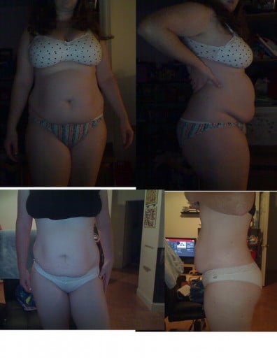 A progress pic of a 5'9" woman showing a fat loss from 240 pounds to 198 pounds. A total loss of 42 pounds.