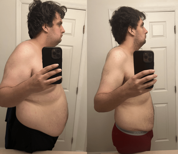A before and after photo of a 6'0" male showing a weight reduction from 278 pounds to 223 pounds. A net loss of 55 pounds.