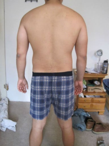 A before and after photo of a 5'8" male showing a snapshot of 185 pounds at a height of 5'8