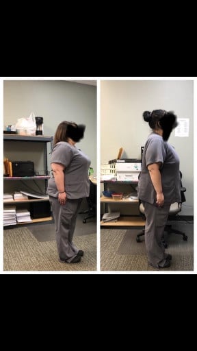 A picture of a 5'2" female showing a weight loss from 260 pounds to 216 pounds. A net loss of 44 pounds.