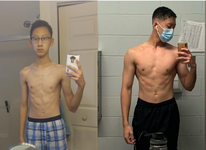 A progress pic of a 6'1" man showing a weight bulk from 115 pounds to 165 pounds. A respectable gain of 50 pounds.