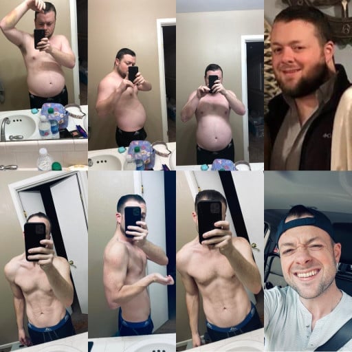 A progress pic of a 5'9" man showing a fat loss from 225 pounds to 145 pounds. A respectable loss of 80 pounds.