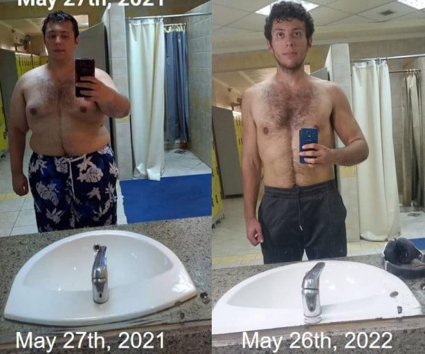 A picture of a 5'11" male showing a weight loss from 346 pounds to 189 pounds. A net loss of 157 pounds.