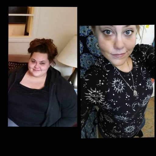 A progress pic of a 5'3" woman showing a fat loss from 450 pounds to 175 pounds. A total loss of 275 pounds.