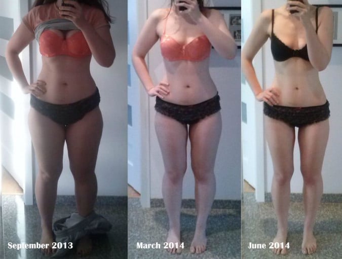 A photo of a 5'6" woman showing a weight cut from 163 pounds to 130 pounds. A respectable loss of 33 pounds.