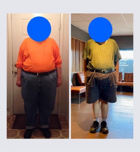 A progress pic of a 5'11" man showing a fat loss from 357 pounds to 267 pounds. A respectable loss of 90 pounds.