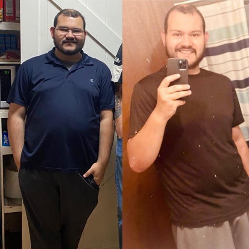 A before and after photo of a 5'7" male showing a weight reduction from 282 pounds to 226 pounds. A total loss of 56 pounds.