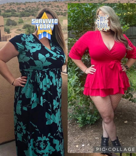 A progress pic of a 5'6" woman showing a fat loss from 250 pounds to 195 pounds. A net loss of 55 pounds.