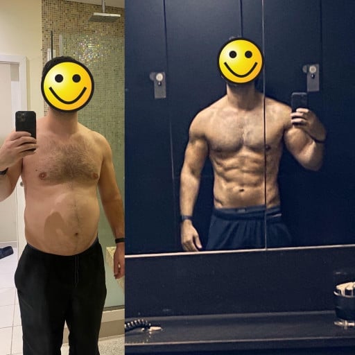 A before and after photo of a 6'1" male showing a weight reduction from 210 pounds to 170 pounds. A total loss of 40 pounds.