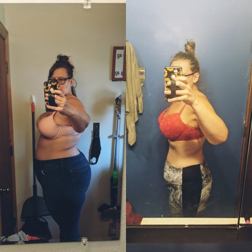 A before and after photo of a 5'6" female showing a weight reduction from 271 pounds to 212 pounds. A total loss of 59 pounds.