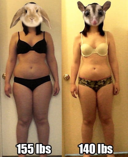 A before and after photo of a 5'3" female showing a weight reduction from 155 pounds to 140 pounds. A net loss of 15 pounds.