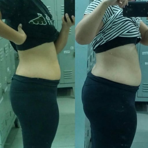 A progress pic of a 5'3" woman showing a fat loss from 180 pounds to 160 pounds. A respectable loss of 20 pounds.