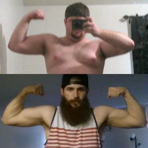 A photo of a 5'10" man showing a weight cut from 265 pounds to 175 pounds. A total loss of 90 pounds.