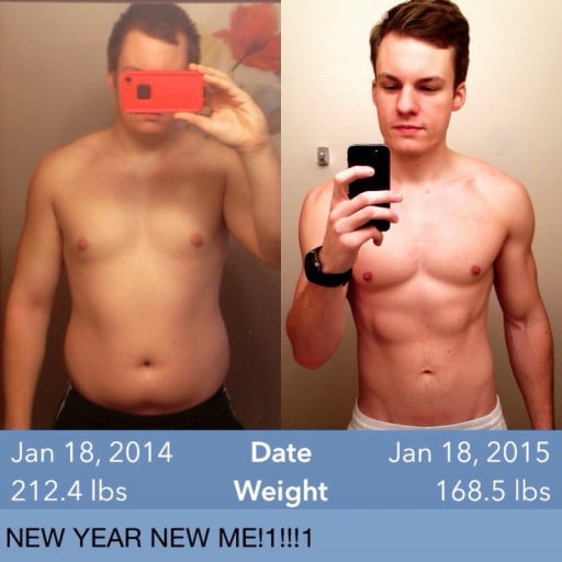 A progress pic of a 5'10" man showing a fat loss from 212 pounds to 168 pounds. A net loss of 44 pounds.
