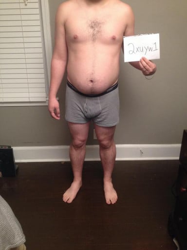 A before and after photo of a 5'11" male showing a snapshot of 223 pounds at a height of 5'11